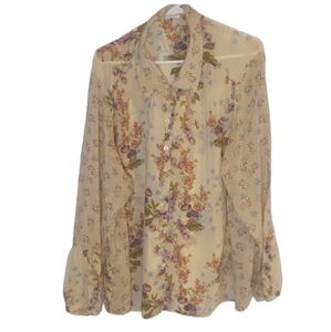 J.Jill 3X Semi-Sheer Floral Boho Blouse EUC, Lantern Cuffs, Gold Backgro…